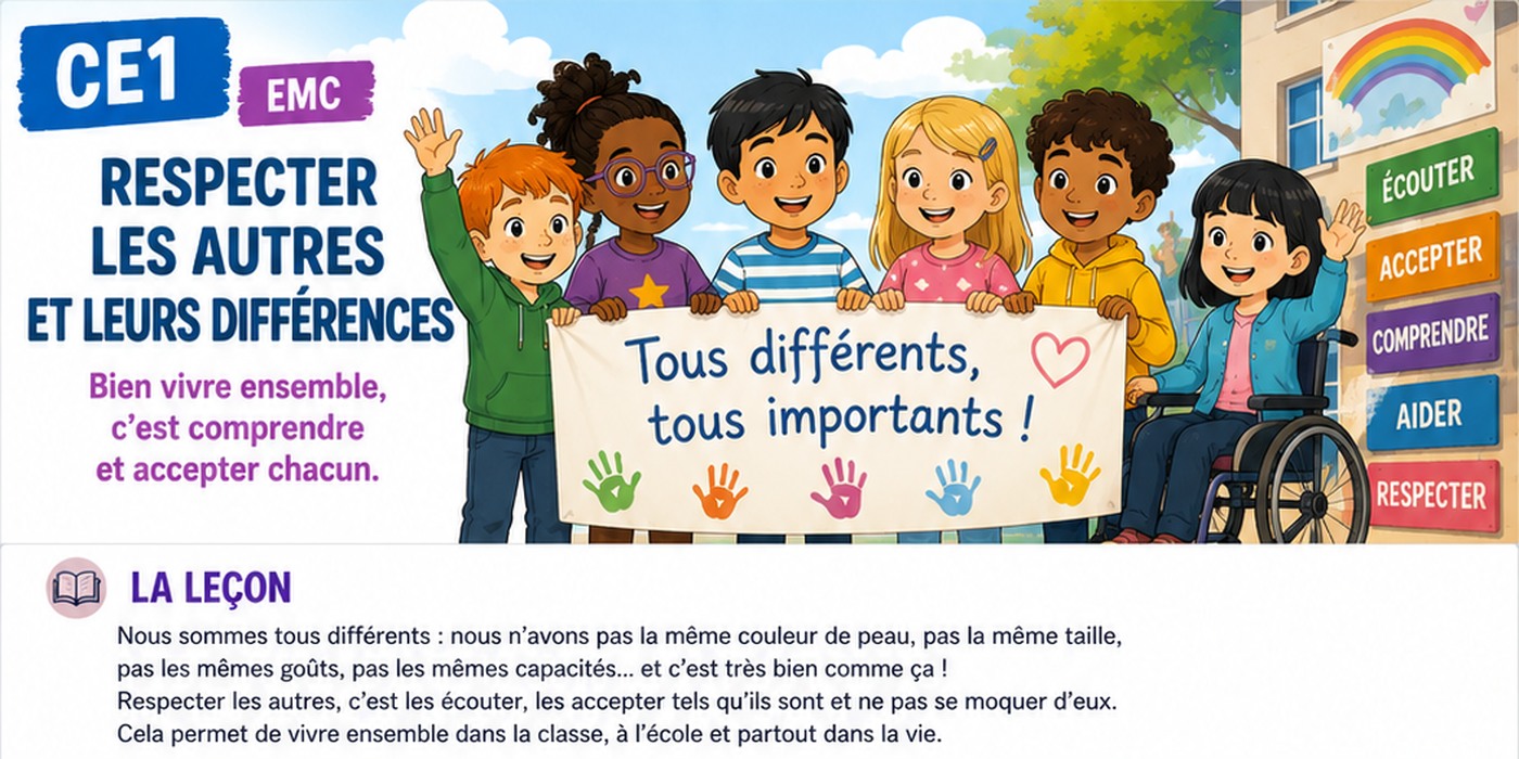 Illustration BD CE1 montrant des enfants différents qui apprennent à se respecter et à vivre ensemble.