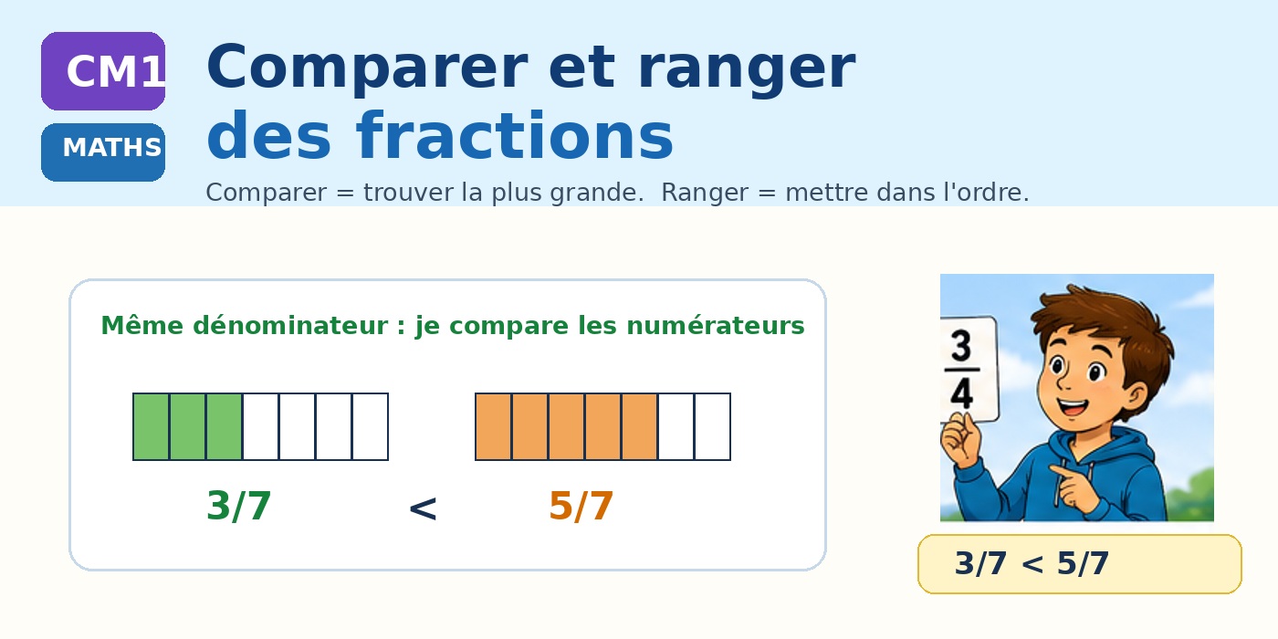 Illustration CM1 montrant deux fractions de même dénominateur comparées avec des bandes fractionnées.