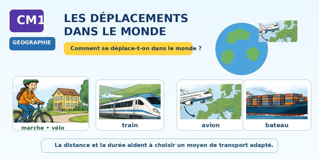 Illustration CM1 sur les déplacements dans le monde avec vélo, train, avion, bateau et globe.