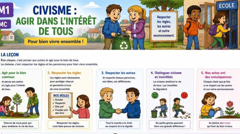 Illustration BD CM1 montrant des élèves qui prennent soin de leur école et agissent pour le bien commun.