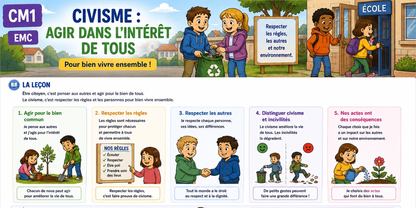 Illustration BD CM1 montrant des élèves qui agissent pour le bien commun et prennent soin de leur école.