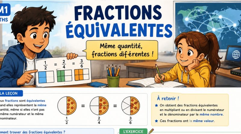 Illustration BD CM1 montrant deux élèves et des représentations de fractions équivalentes.
