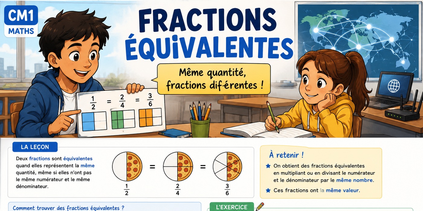 Illustration BD CM1 montrant deux élèves et des représentations de fractions équivalentes.