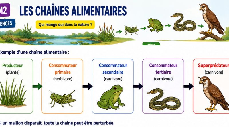 Chaîne alimentaire de prairie : herbe, sauterelle, grenouille, couleuvre et buse.