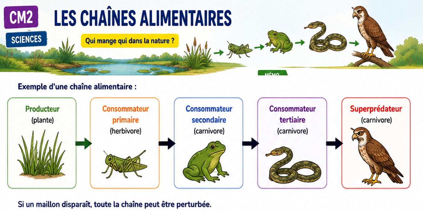 Chaîne alimentaire de prairie : herbe, sauterelle, grenouille, couleuvre et buse.