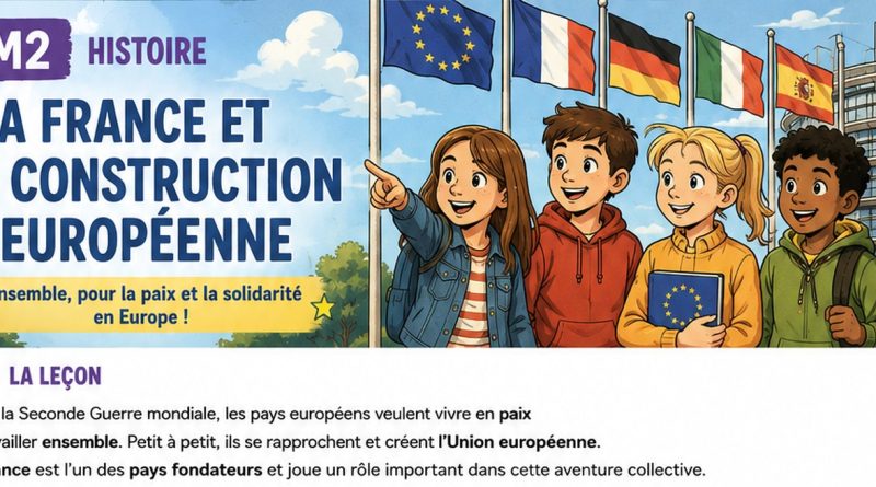 Illustration BD CM2 montrant des élèves devant des drapeaux européens pour découvrir la construction européenne.