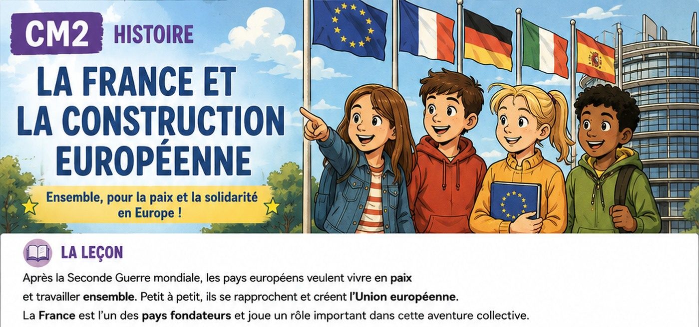 Illustration BD CM2 montrant des élèves devant des drapeaux européens pour découvrir la construction européenne.