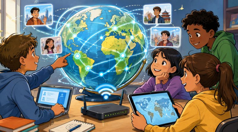 Illustration CM2 de la planète reliée par un réseau Internet mondial, avec des élèves connectés.