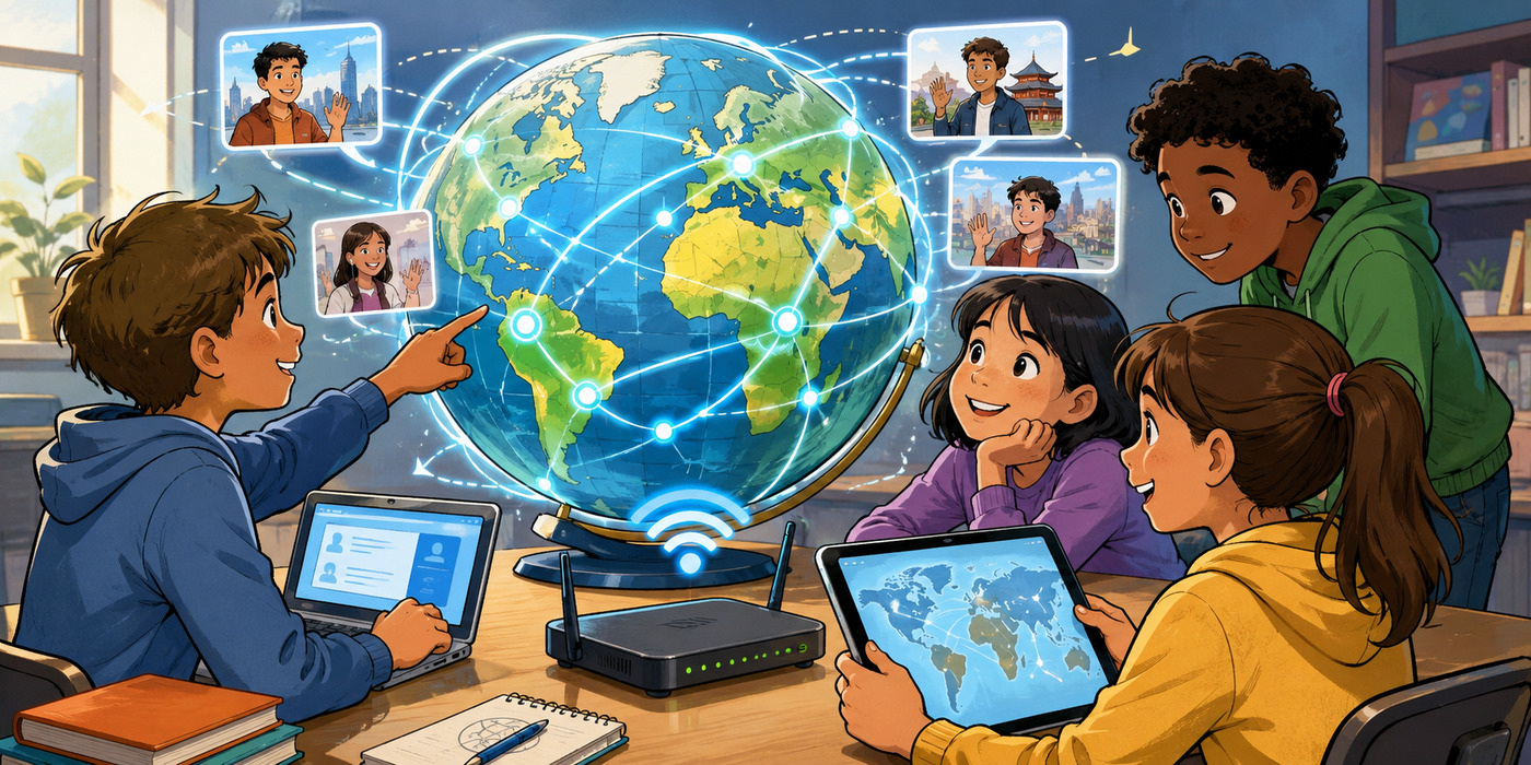 Illustration CM2 de la planète reliée par un réseau Internet mondial, avec des élèves connectés.