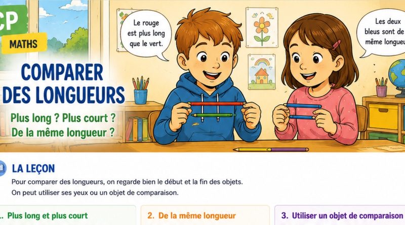 Illustration BD CP montrant des enfants qui comparent des crayons de différentes longueurs.