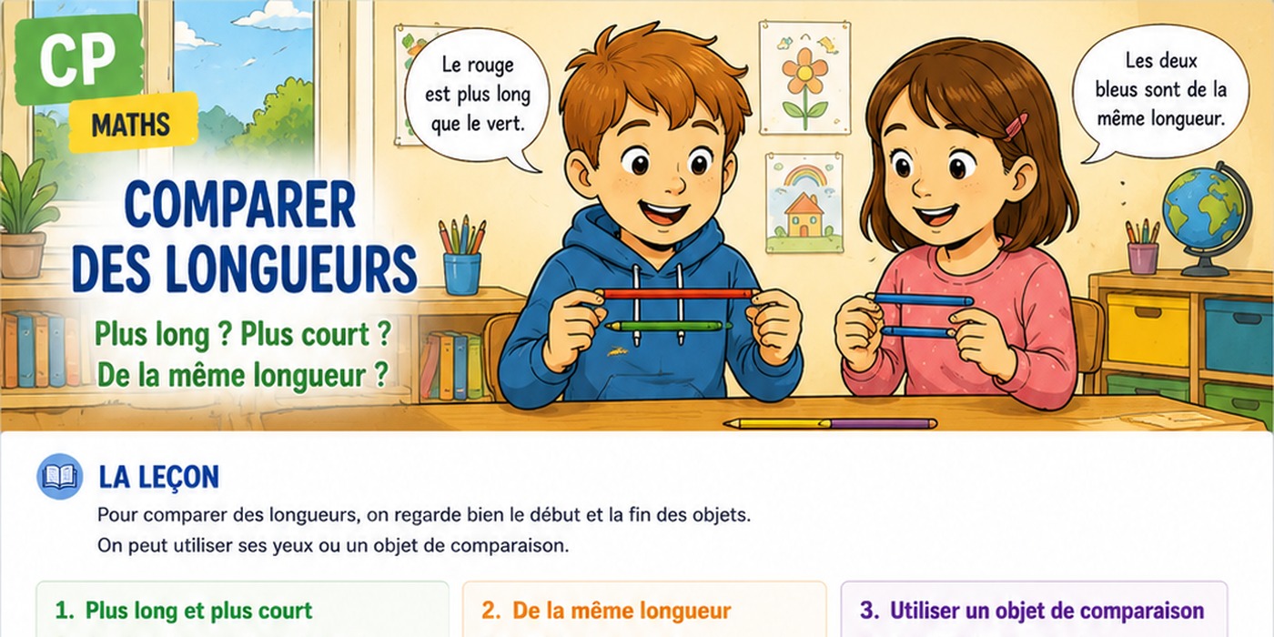 Illustration BD CP montrant des enfants qui comparent des crayons de différentes longueurs.