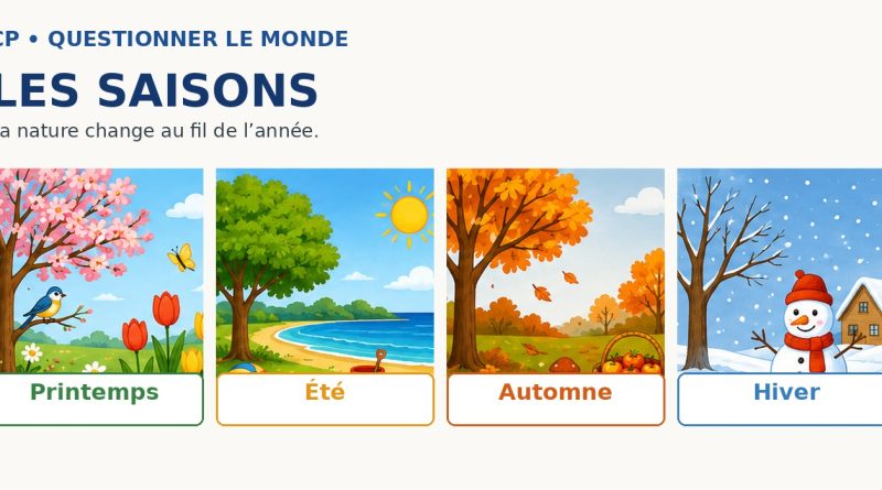 Illustration CP montrant le printemps, l’été, l’automne et l’hiver dans quatre paysages.
