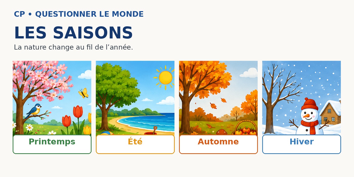 Illustration CP présentant les quatre saisons : printemps, été, automne et hiver.