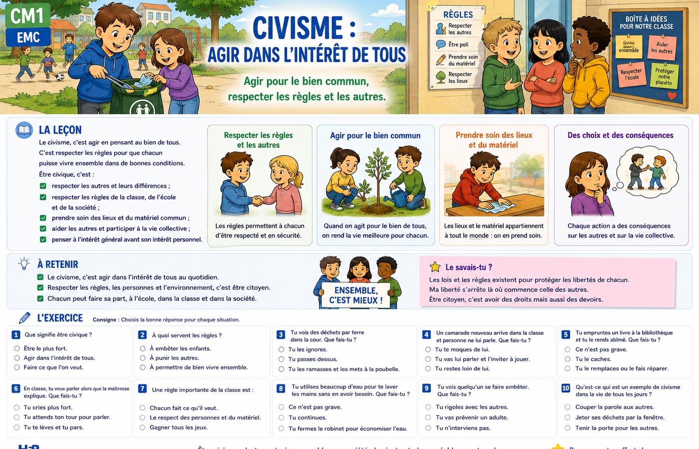 Illustration pédagogique CM1 sur le civisme, les règles et le bien commun.