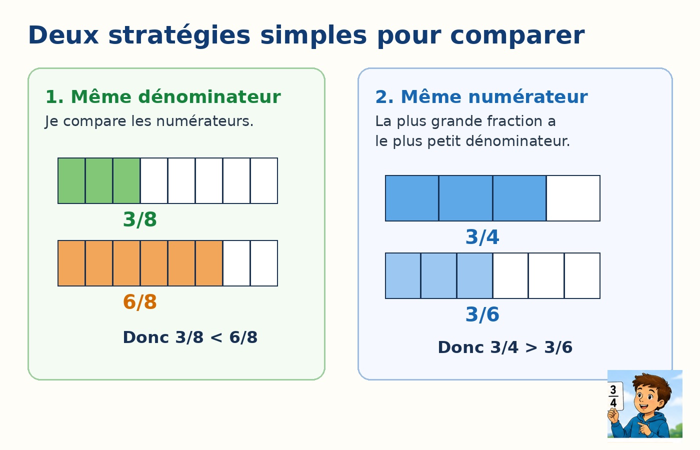 Illustration montrant deux stratégies simples pour comparer des fractions.