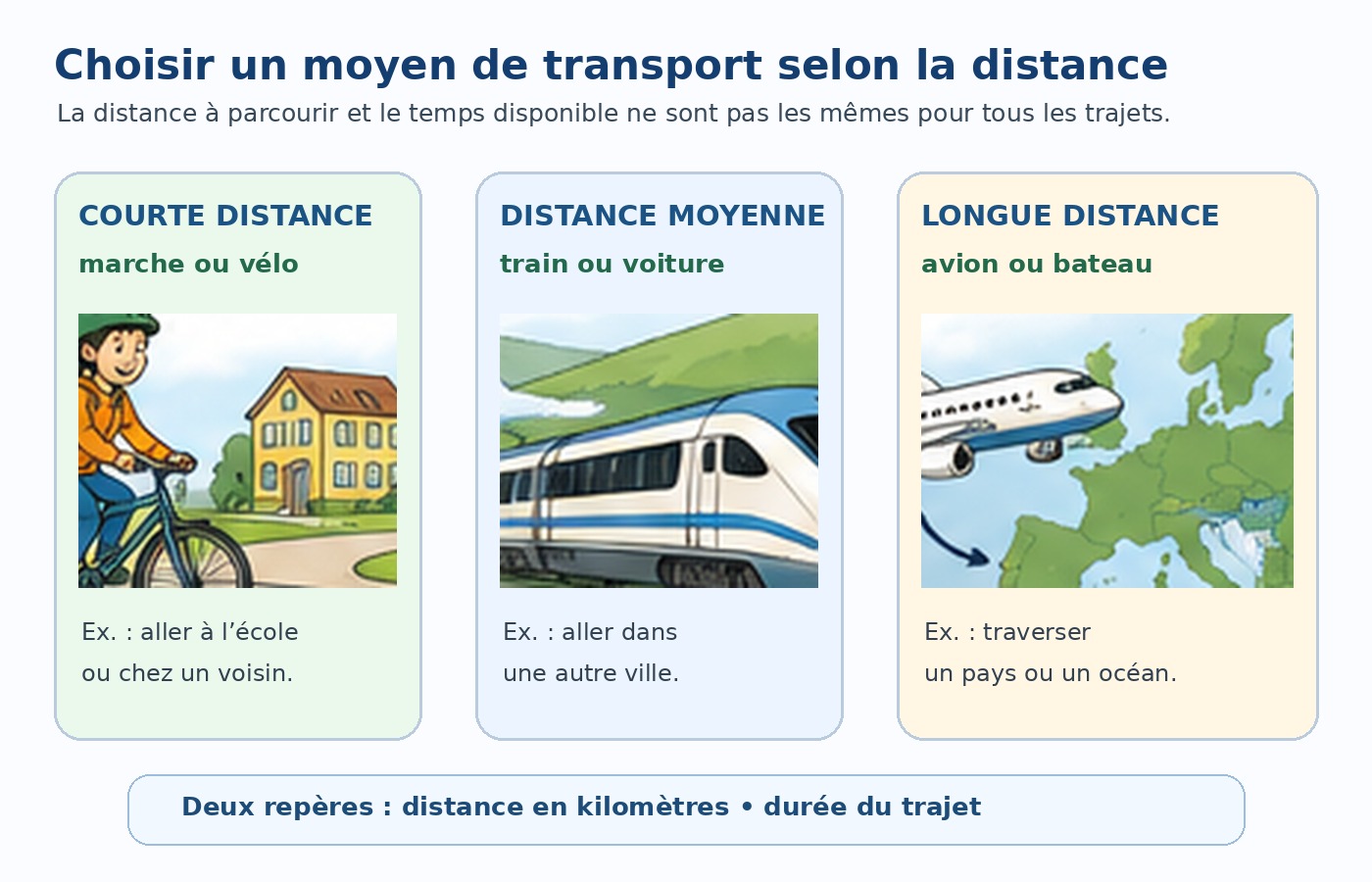 Illustration montrant que les moyens de transport peuvent varier selon la distance à parcourir.