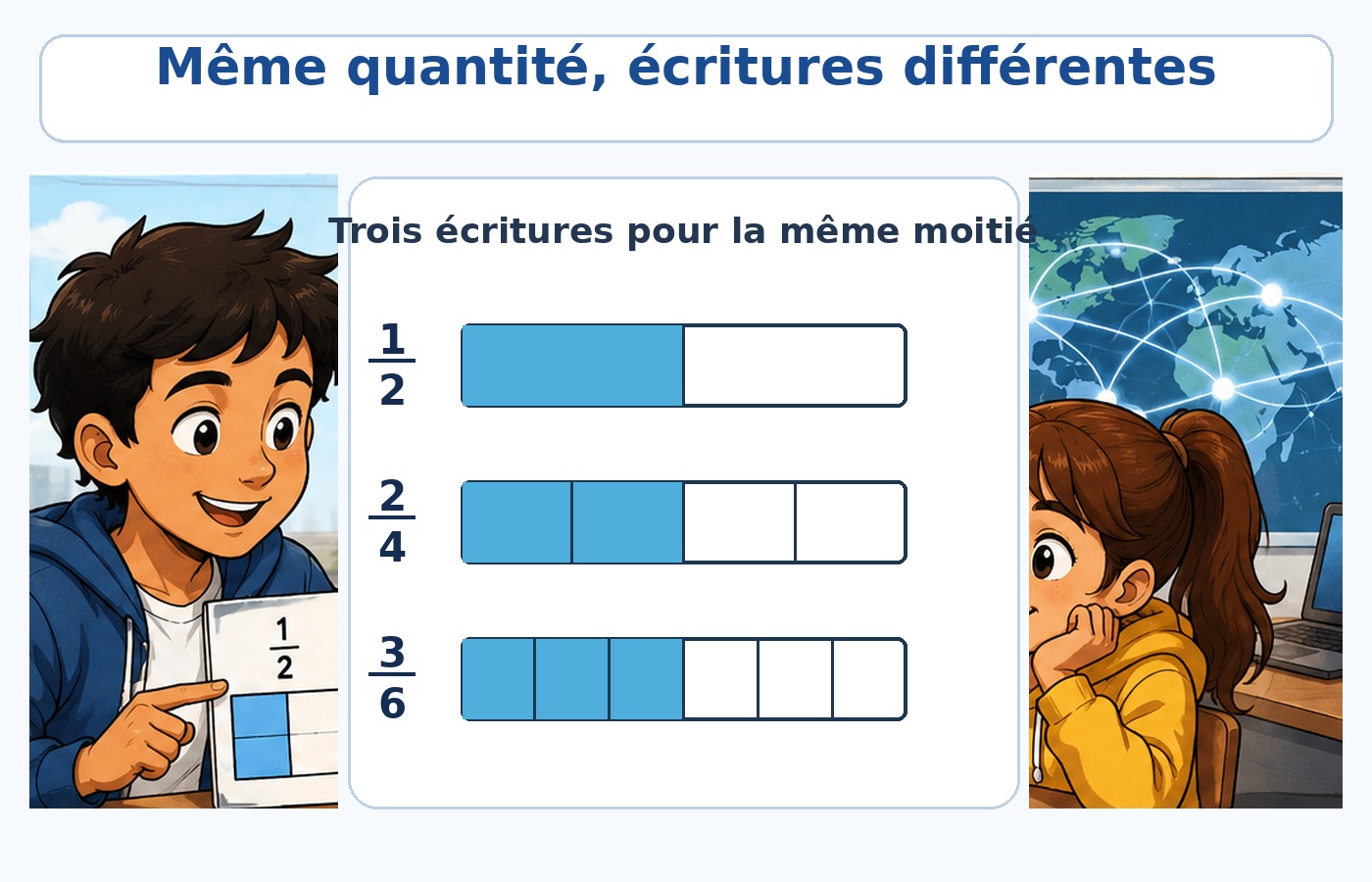 Illustration montrant que un demi, deux quarts et trois sixièmes représentent la même quantité.