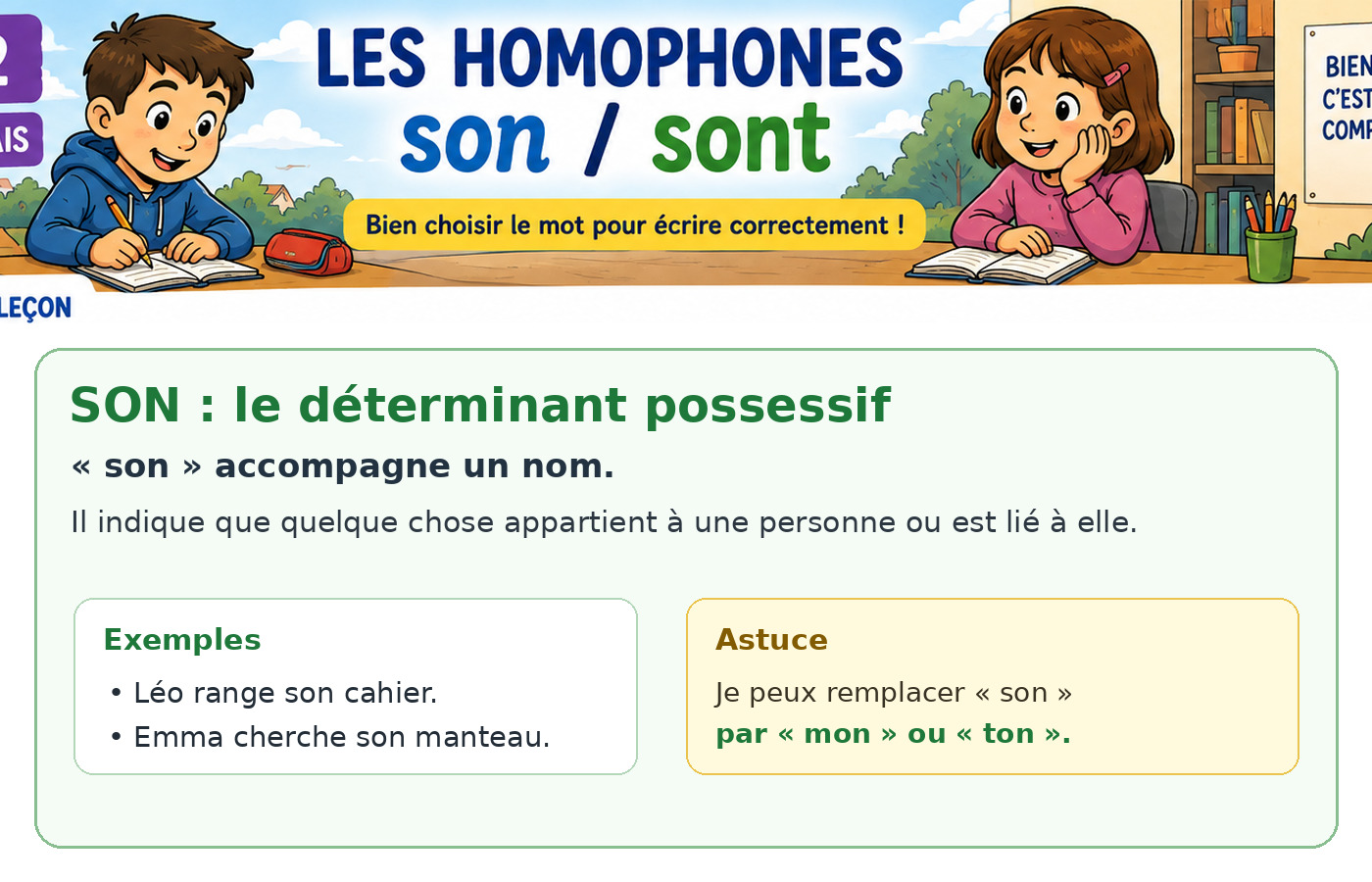 Illustration pédagogique CE2 : son est un déterminant possessif placé devant un nom.