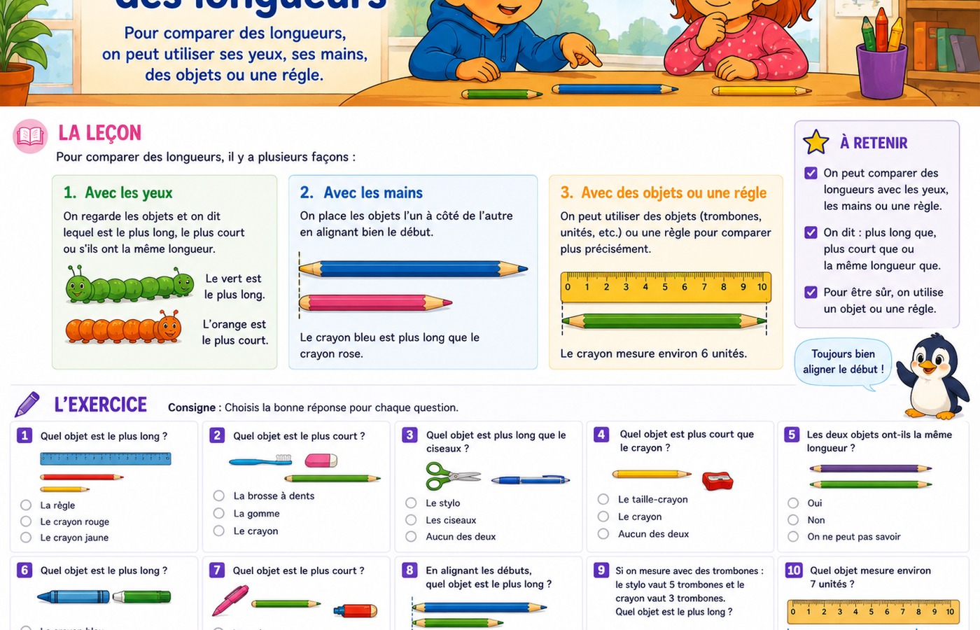 Illustration pédagogique CP présentant plusieurs situations simples de comparaison de longueurs.