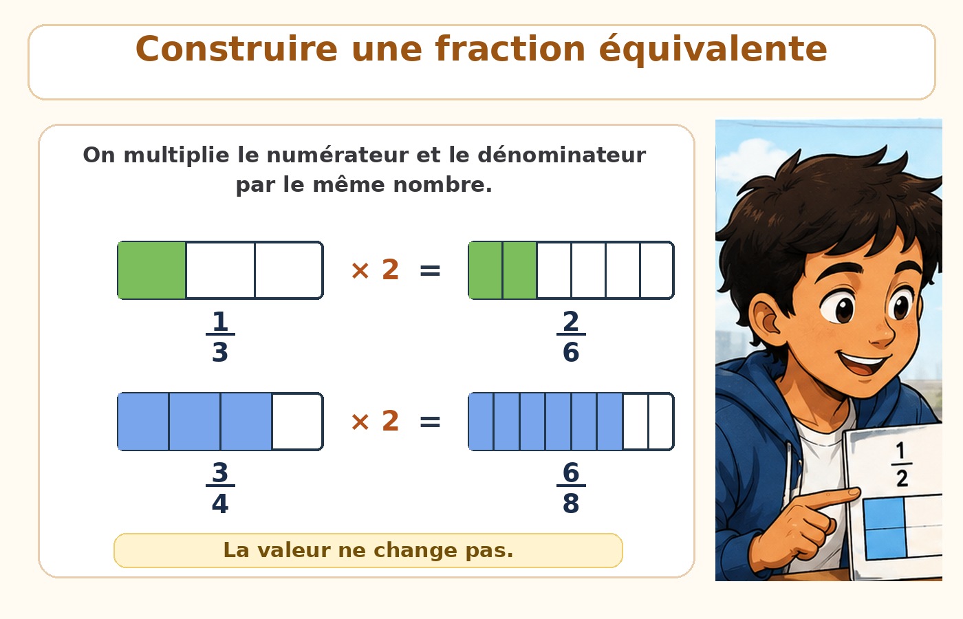Illustration montrant comment construire une fraction équivalente en multipliant numérateur et dénominateur par le même nombre.