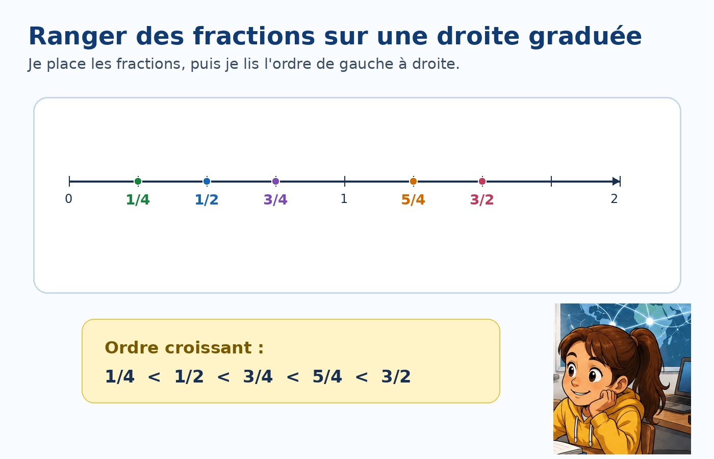 Illustration montrant des fractions rangées sur une demi-droite graduée.