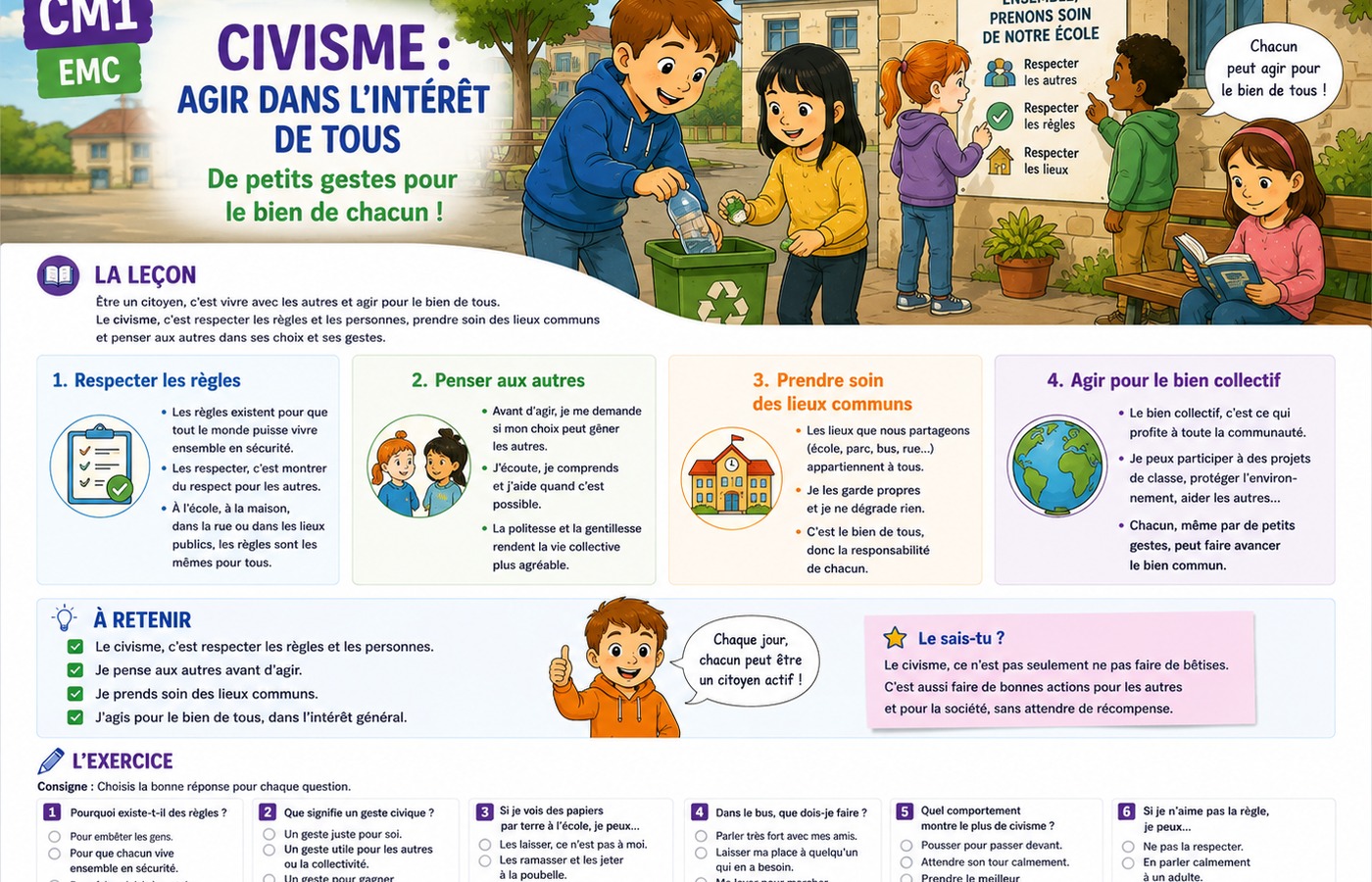 Illustration pédagogique CM1 sur les règles, les espaces communs et les conséquences de nos actes.