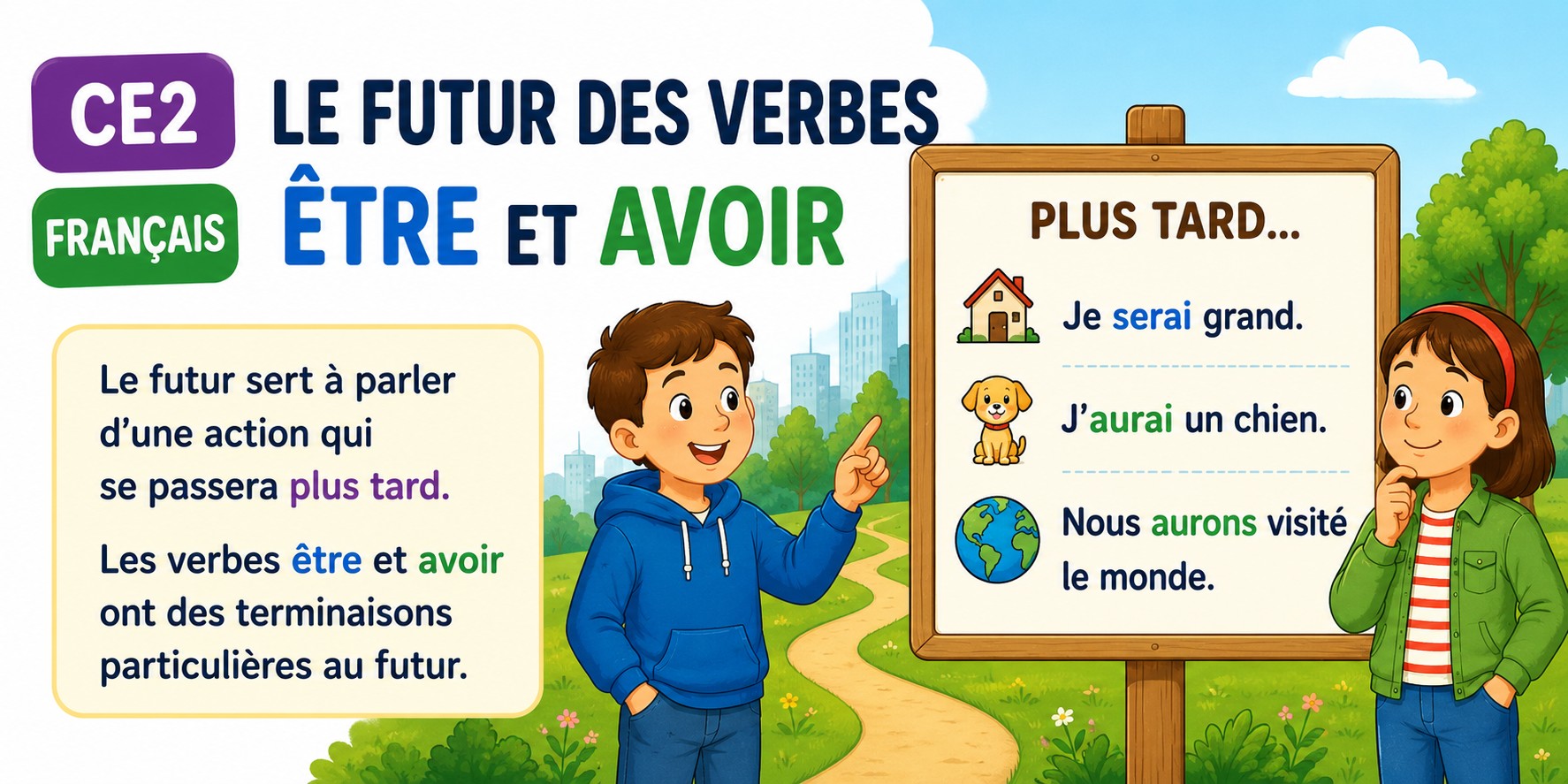 Deux élèves de CE2 découvrent le futur des verbes être et avoir.