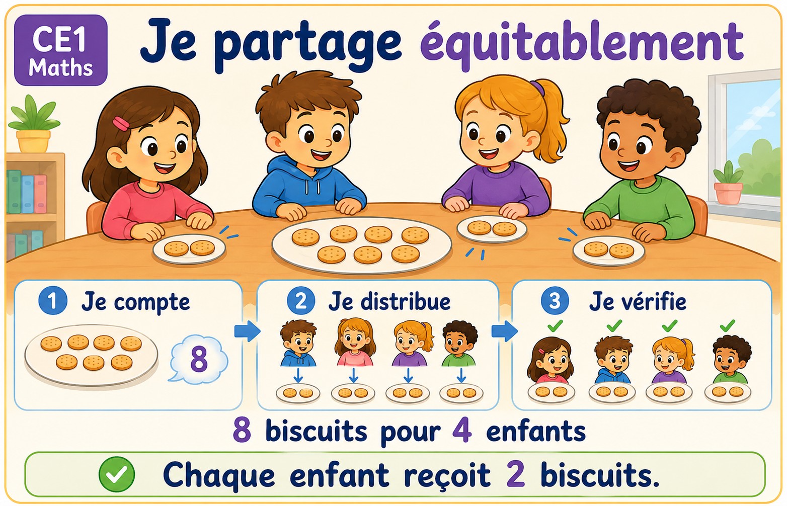 CE1 Maths - Partage égal de biscuits