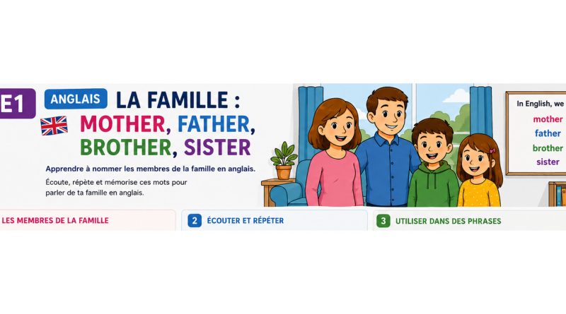 Une famille composée de la mère, du père, du frère et de la sœur pour apprendre le vocabulaire anglais.