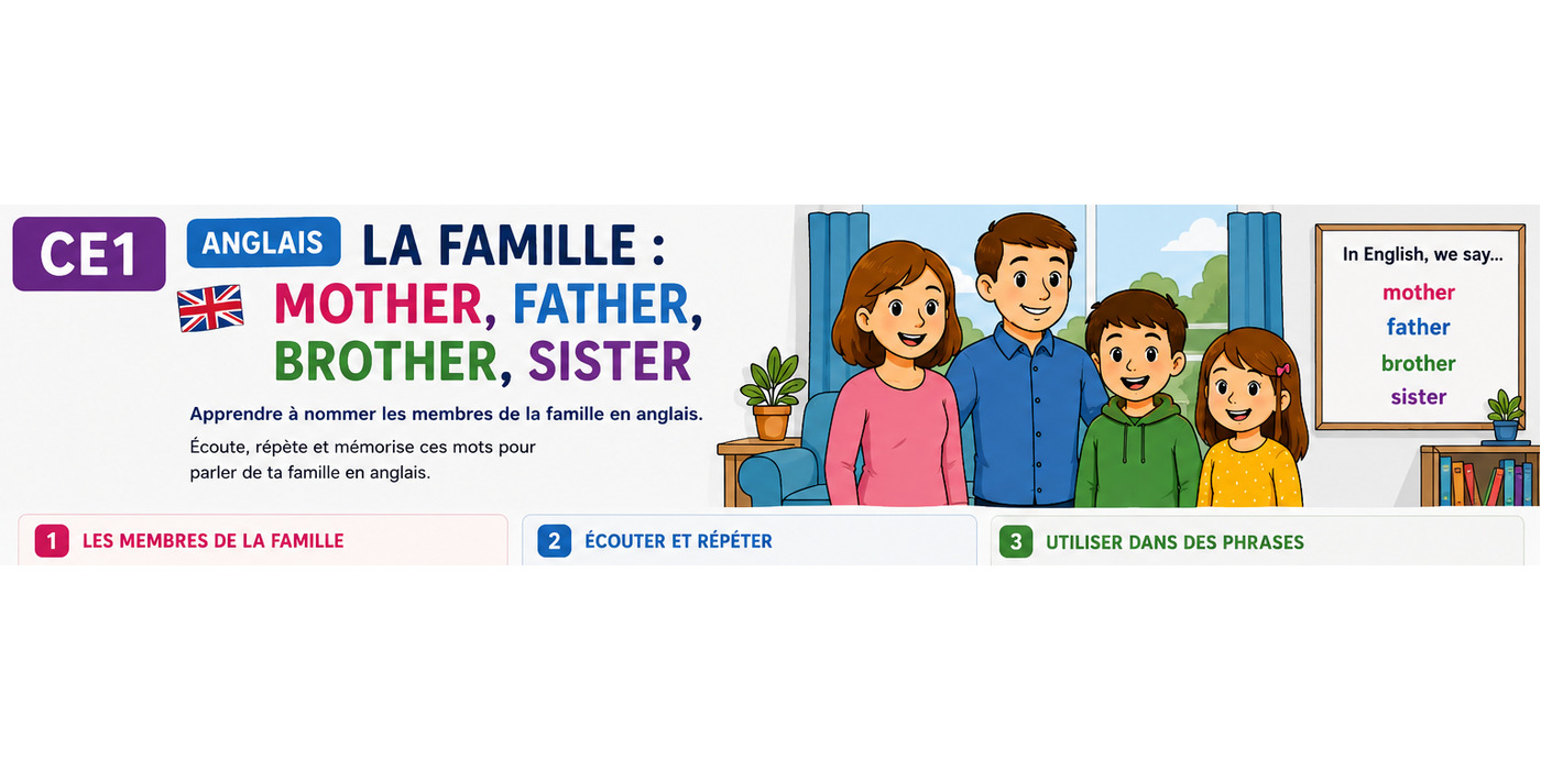 Une famille illustre les mots mother, father, brother et sister.
