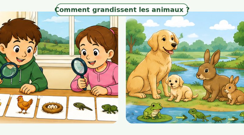 Deux élèves observent différentes étapes de croissance chez plusieurs animaux.
