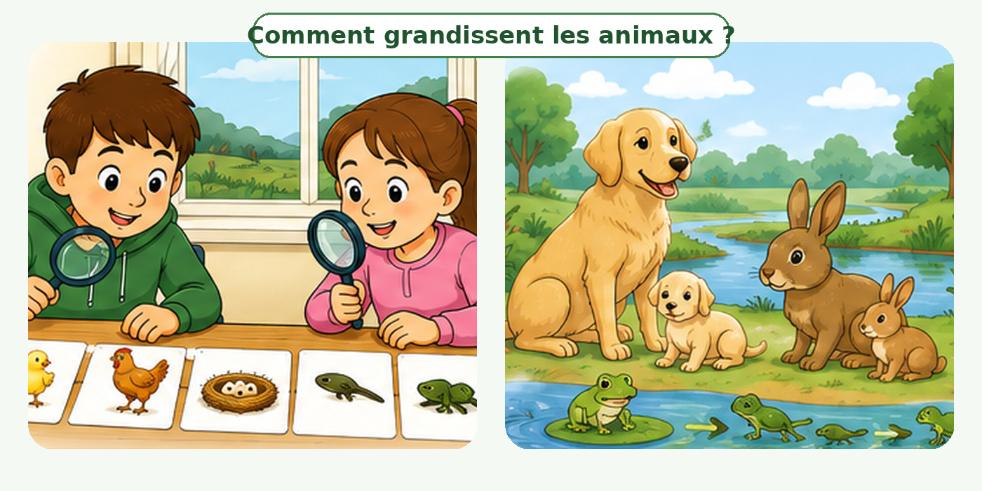 Deux élèves de CE1 observent différentes étapes de croissance chez des animaux.