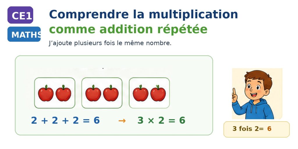 Illustration CE1 montrant trois groupes identiques de deux pommes et le passage de 2 + 2 + 2 à 3 × 2.