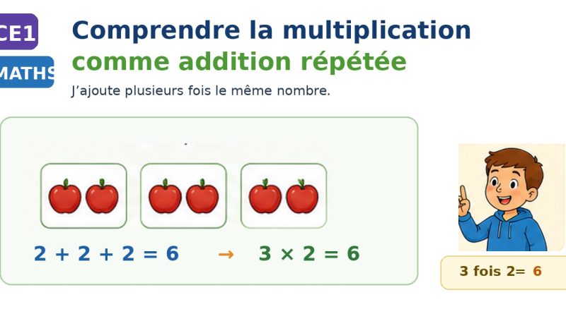 Illustration CE1 montrant trois groupes identiques de deux pommes et le passage de 2 + 2 + 2 à 3 × 2.
