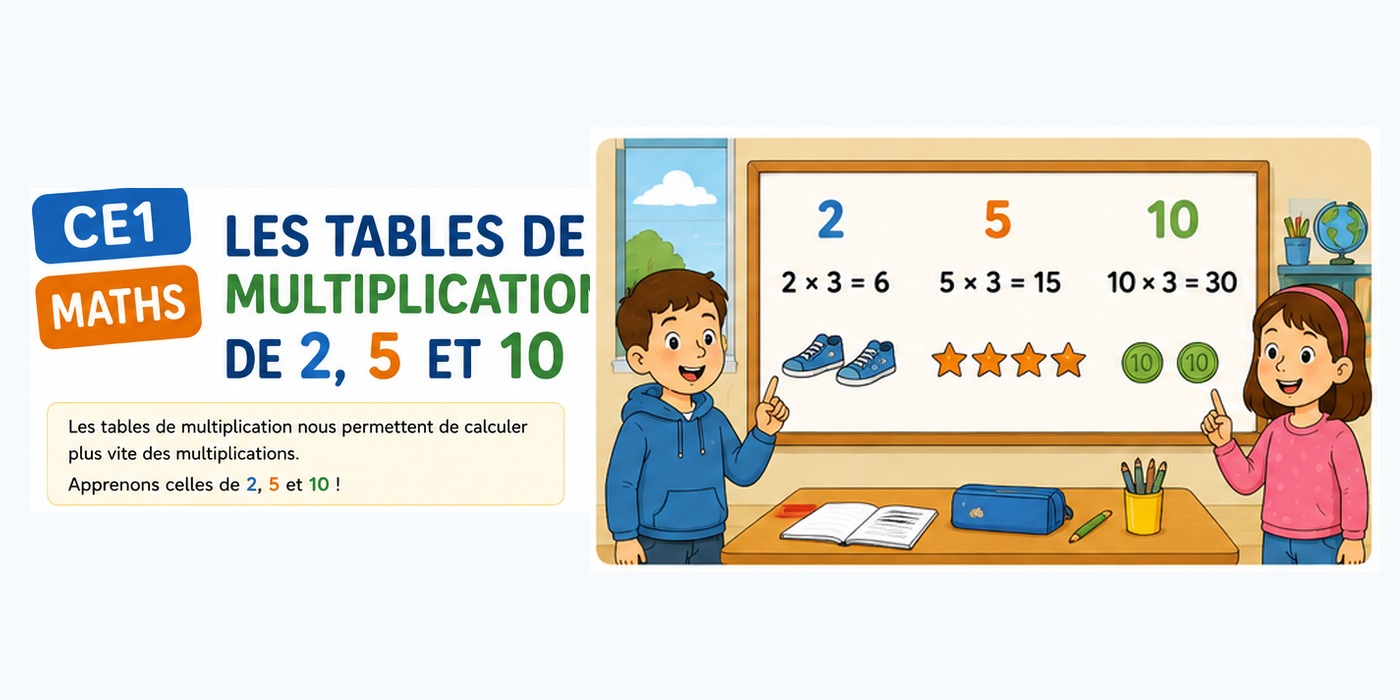 Deux élèves de CE1 découvrent les tables de multiplication de 2, 5 et 10.