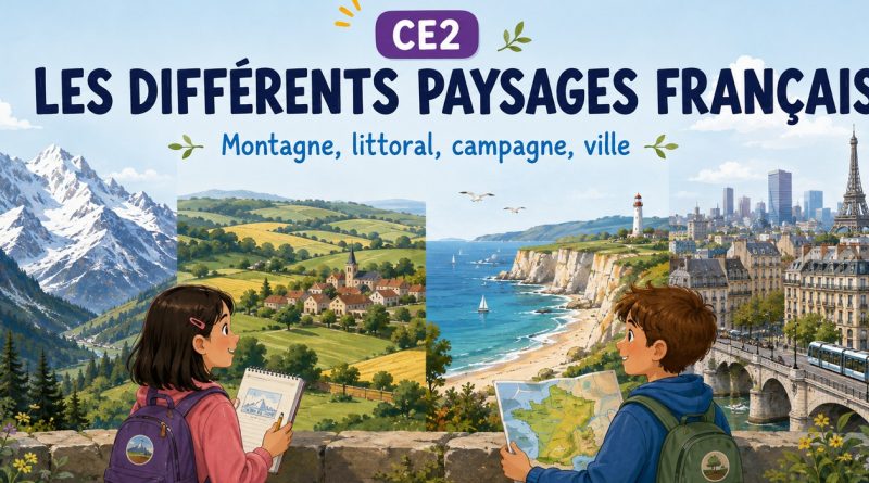 Deux élèves observent un panorama réunissant montagne, campagne, littoral et ville en France.