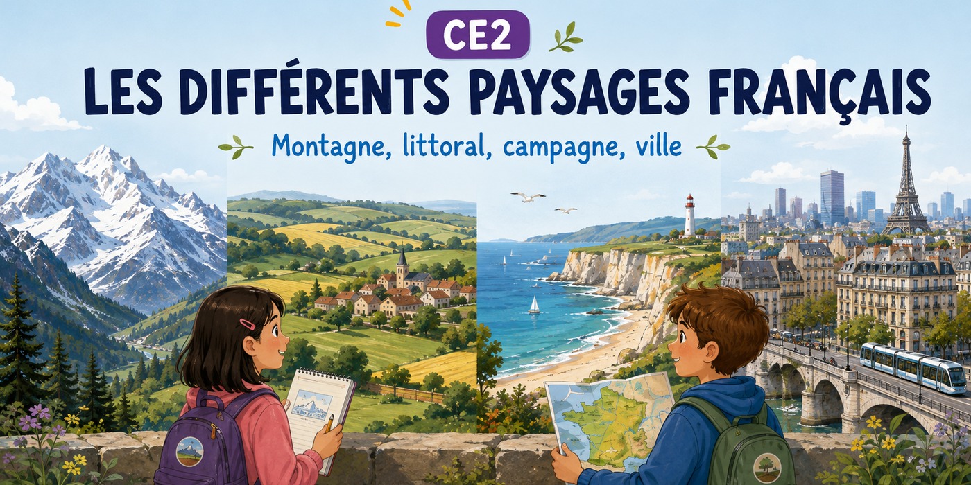 Deux élèves observent différents paysages français : montagne, campagne, littoral et ville.
