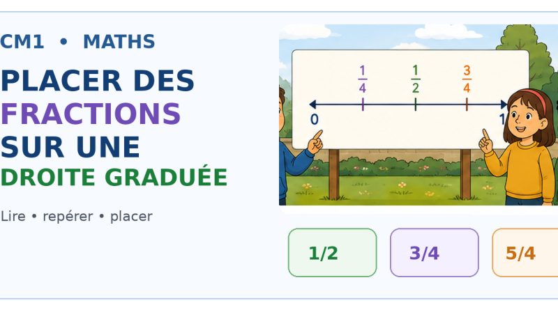 Illustration CM1 montrant des élèves et une droite graduée où sont placées des fractions simples.