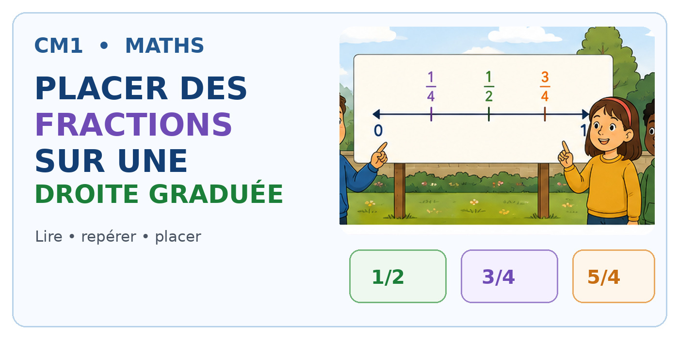 Illustration CM1 montrant des élèves devant une droite graduée avec des fractions.