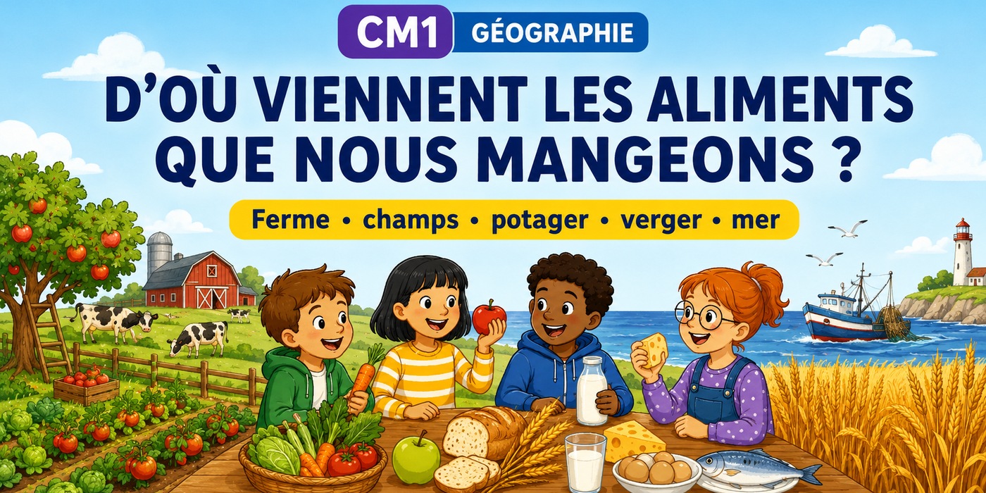 Des élèves découvrent que les aliments peuvent venir du potager, du verger, des champs, de la ferme ou de la mer.