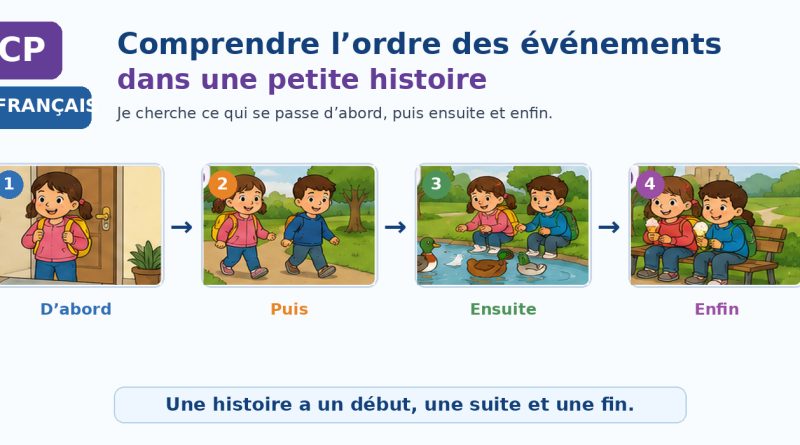 Quatre scènes successives montrent une petite histoire dans l’ordre, de d’abord à enfin.