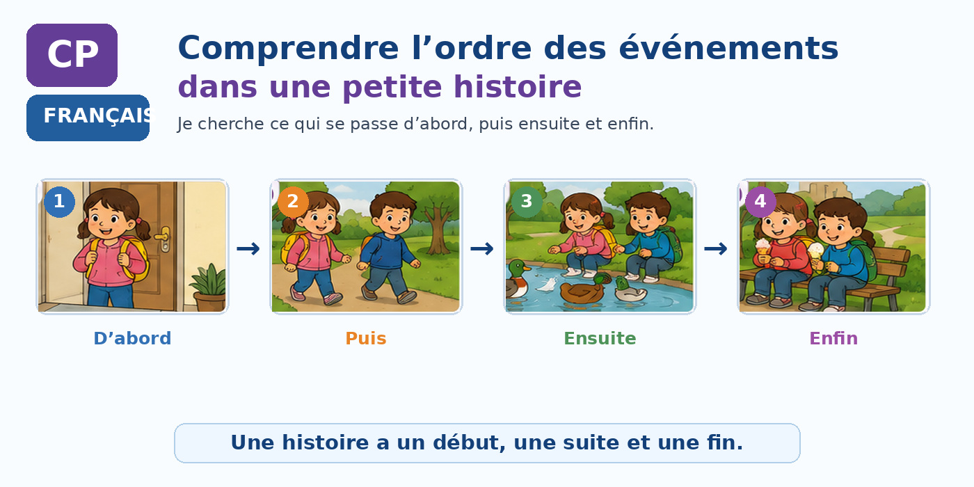 Quatre scènes successives montrent comment retrouver l’ordre des événements dans une petite histoire.