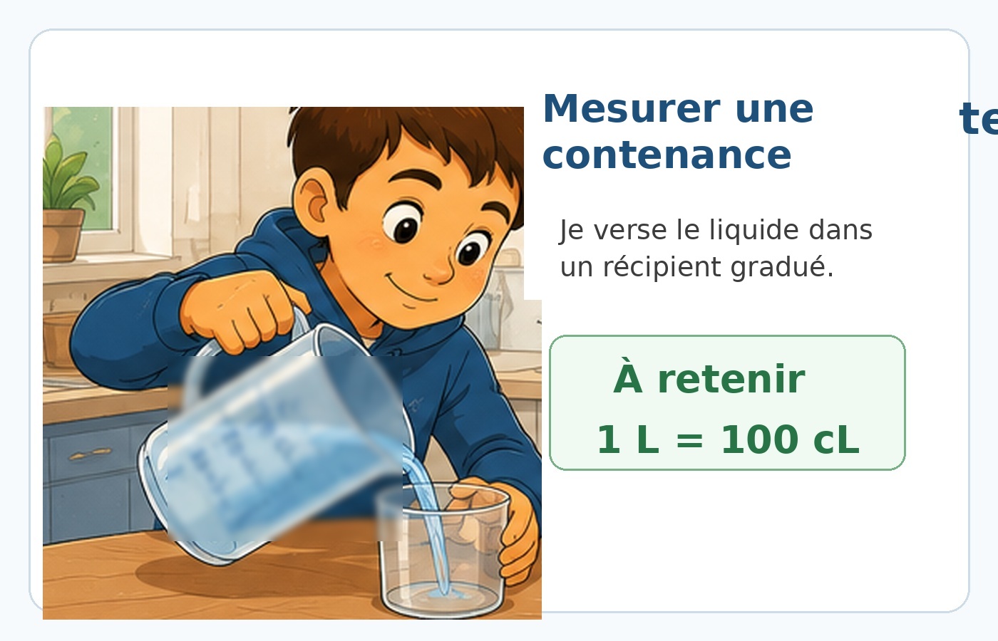 CE2 Maths - Contenances litre centilitre - Mesurer