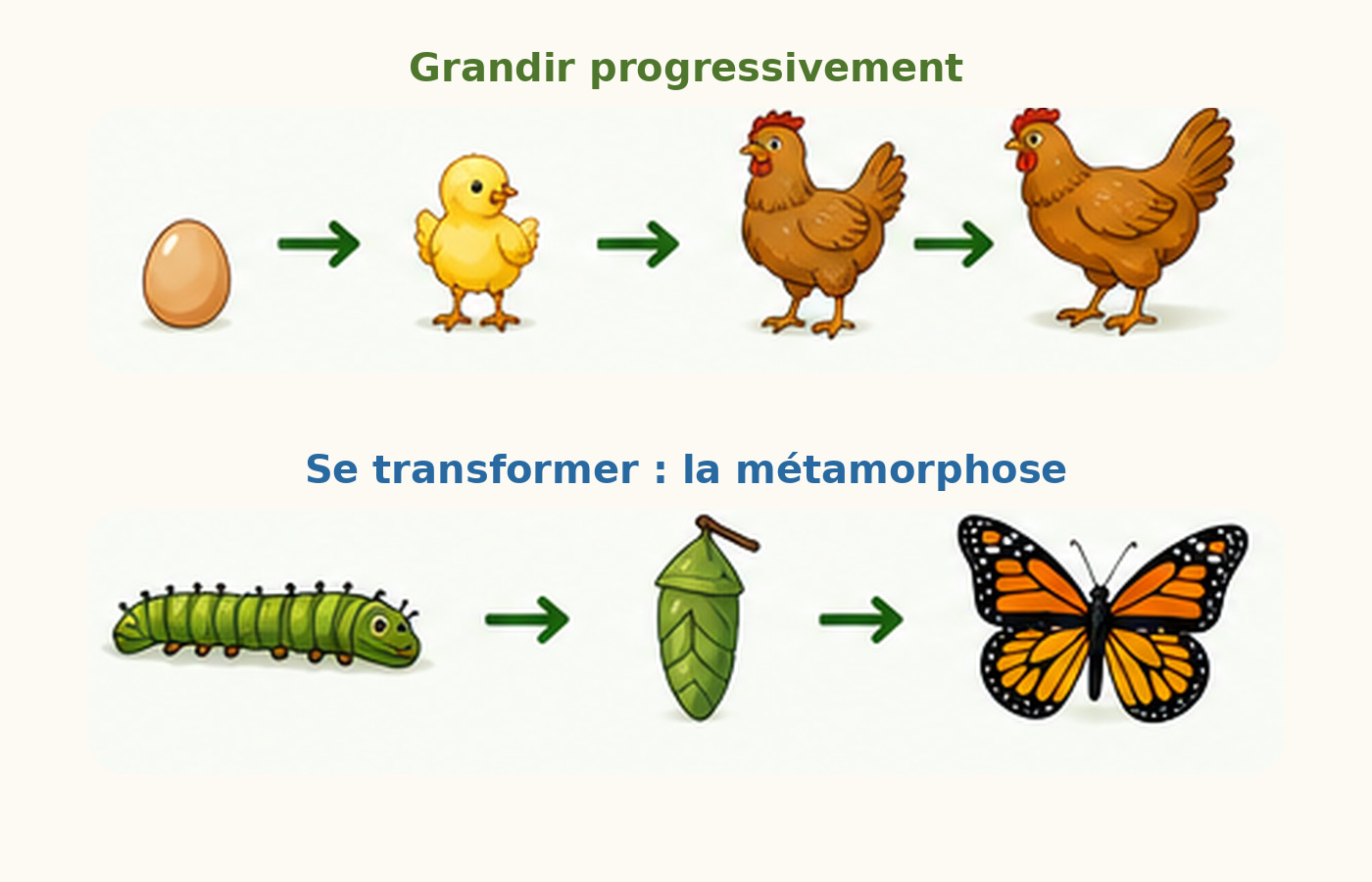 Une suite d’images montre un poussin qui devient une poule et une chenille qui devient un papillon.