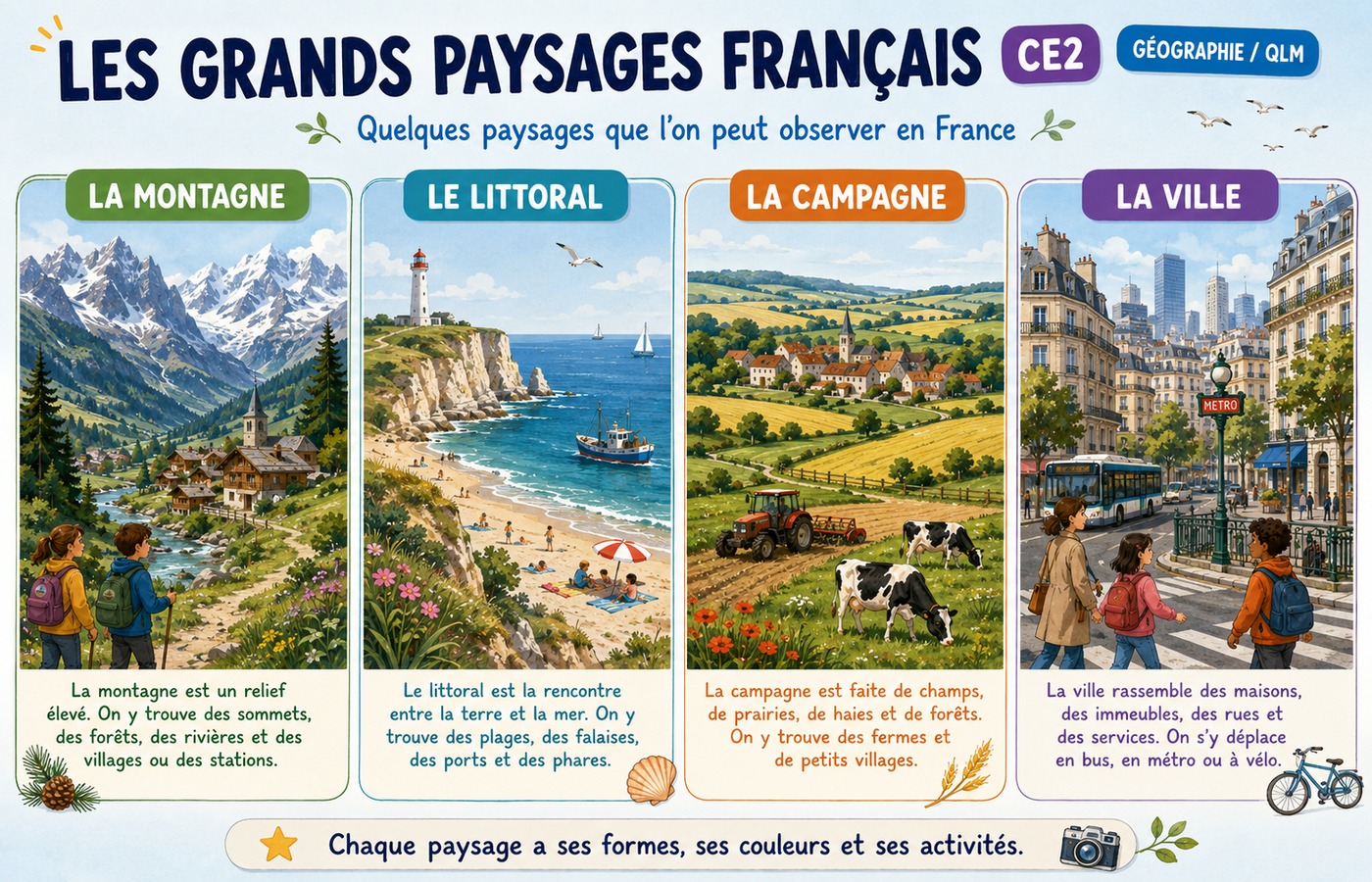 Quatre vues montrent les grands types de paysages français : montagne, littoral, campagne et ville.