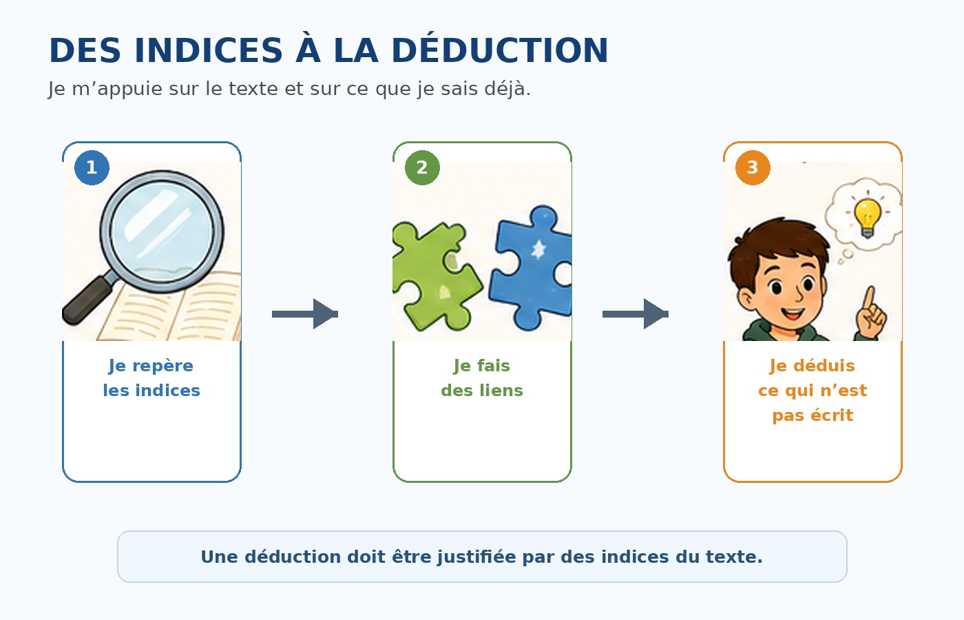 Méthode pour trouver une information implicite : repérer les indices, faire des liens puis déduire.