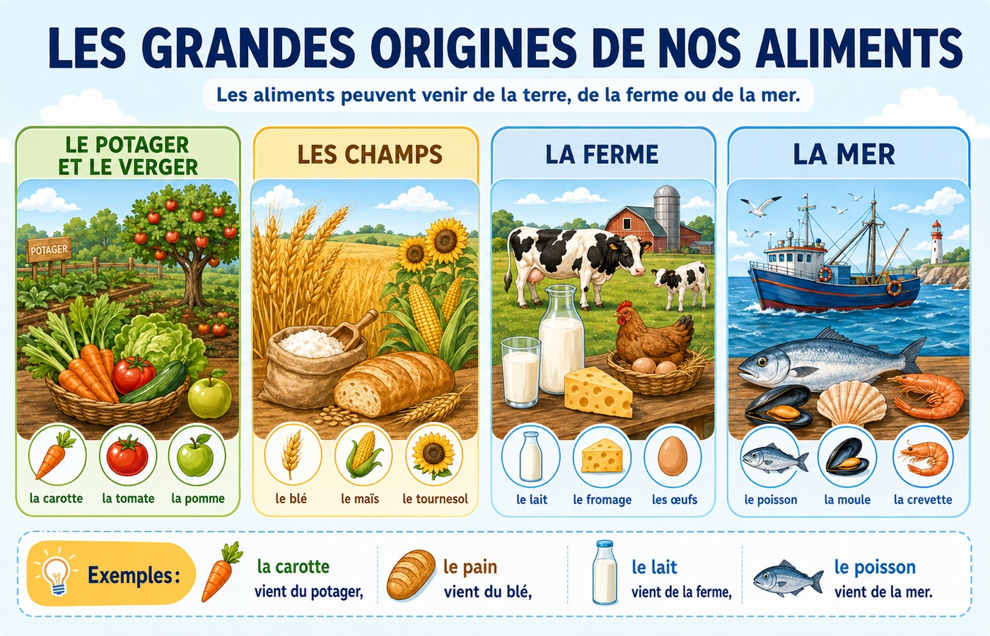Les grandes origines de nos aliments : potager et verger, champs, ferme et mer.