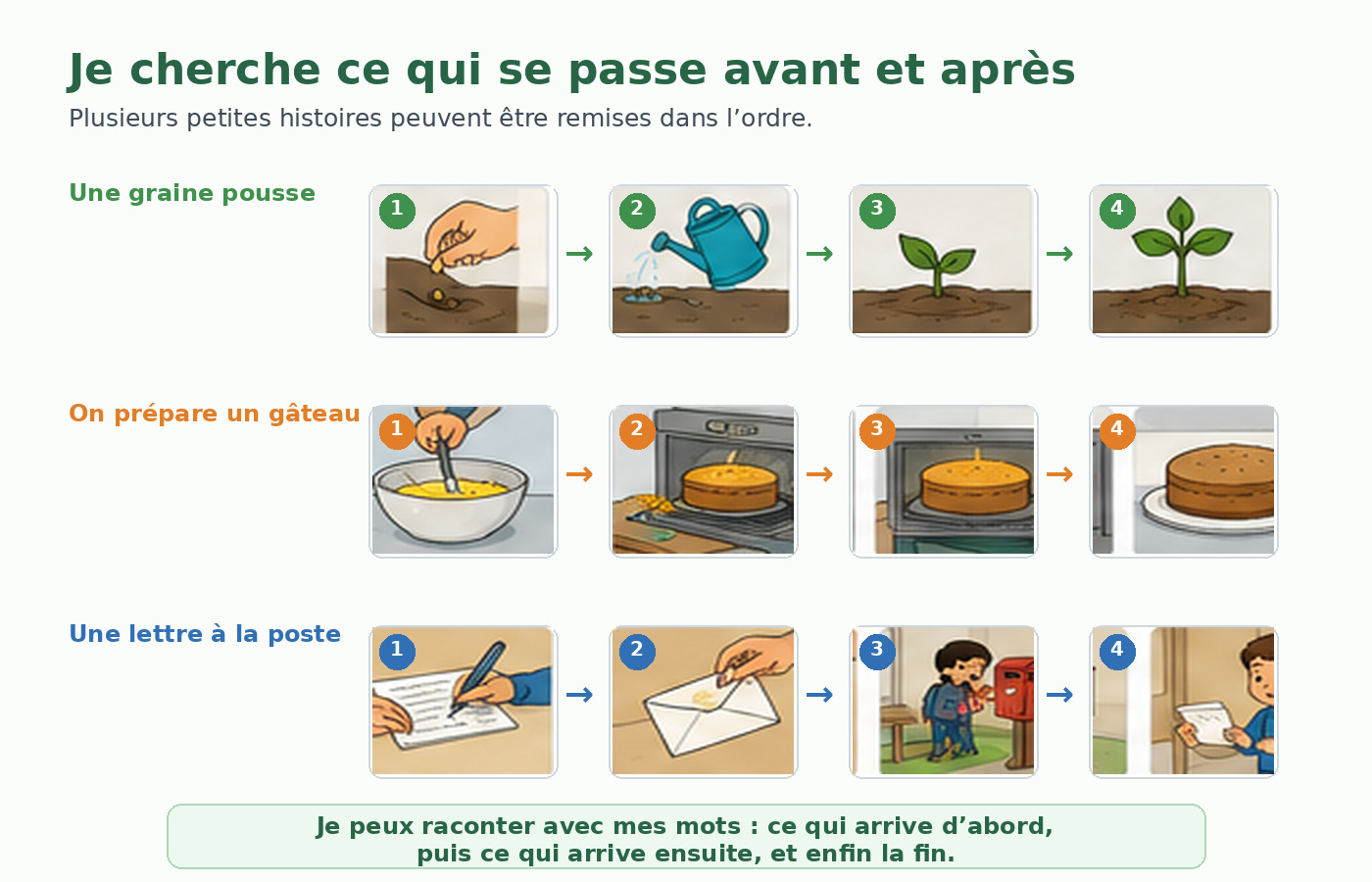 Trois petites suites d’images à lire dans l’ordre : une graine pousse, un gâteau est préparé et une lettre est envoyée.