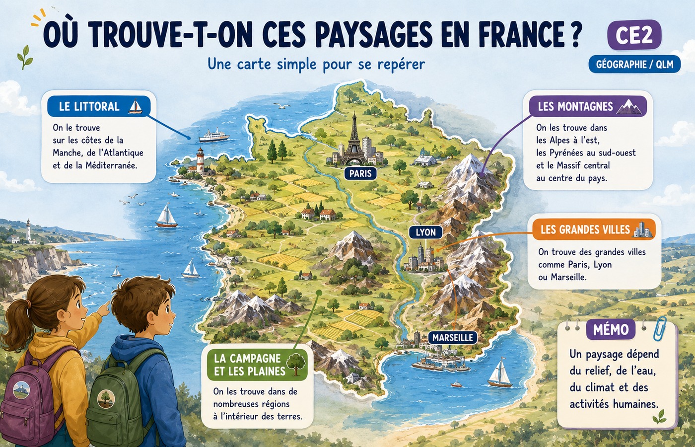 Carte illustrée de France montrant des littoraux, des montagnes, des campagnes et de grandes villes.