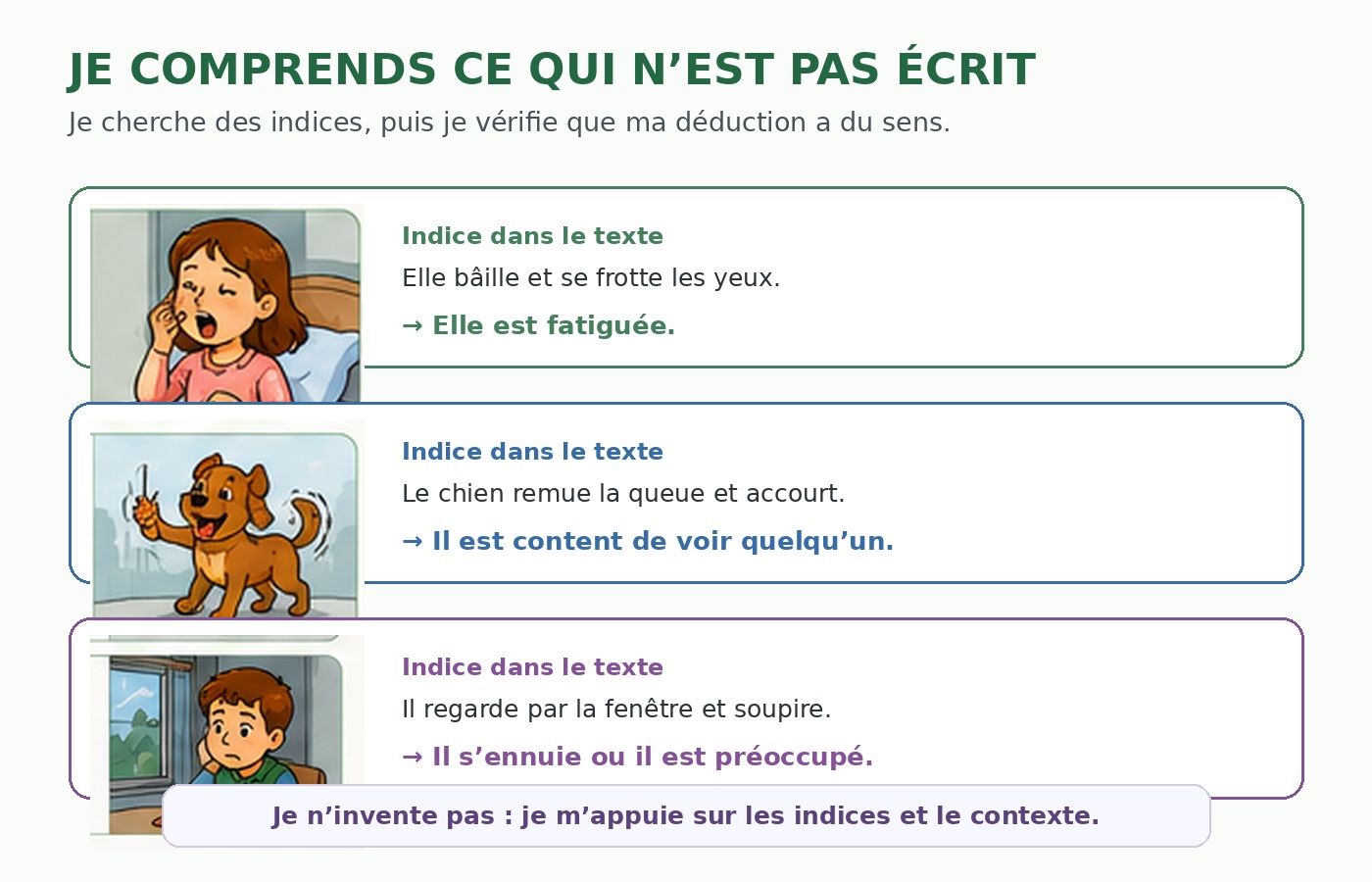 Exemples d’informations implicites déduites grâce aux indices du texte.